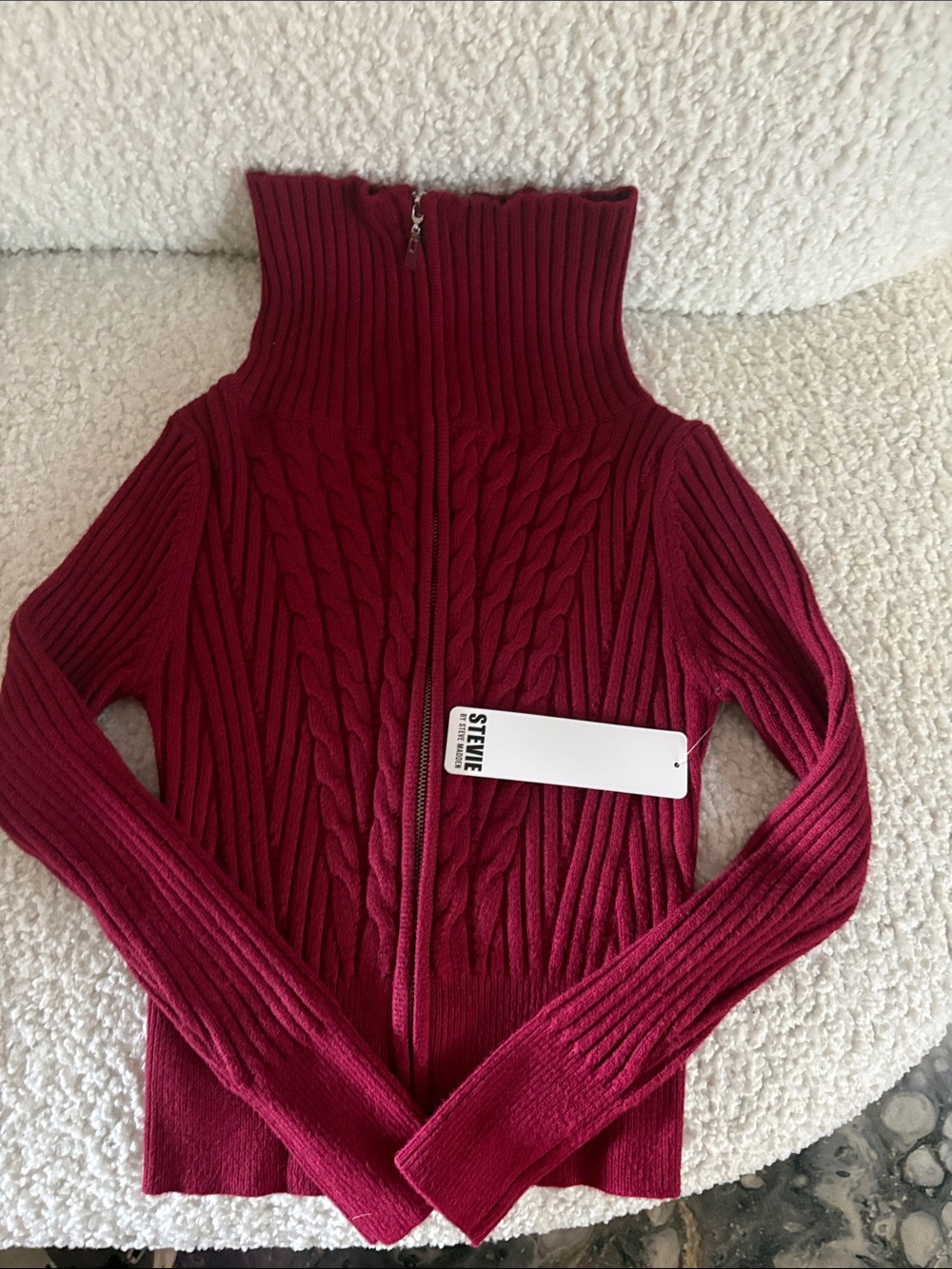 Steve Madden Burgundy Cable-Knit Zip Turtleneck Sweater